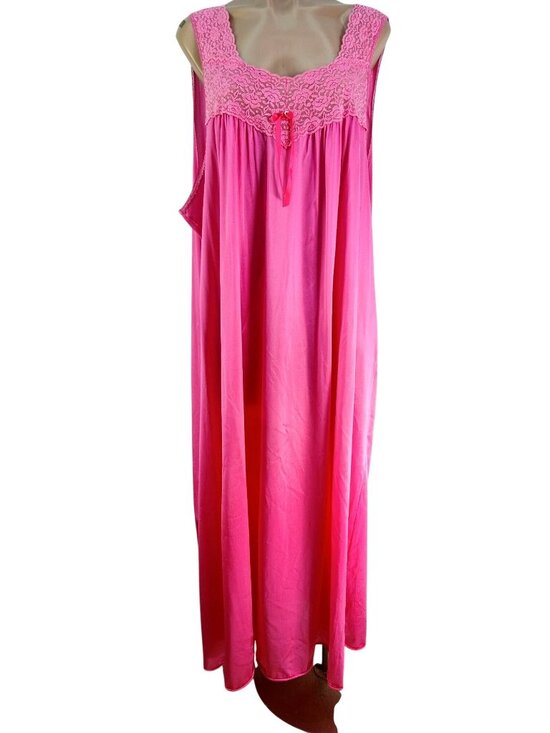 Unknown Other - Vintage Vanity Fair Bright Pink Sleeveless Nightgown Size XXXL Lace Bodice Bow